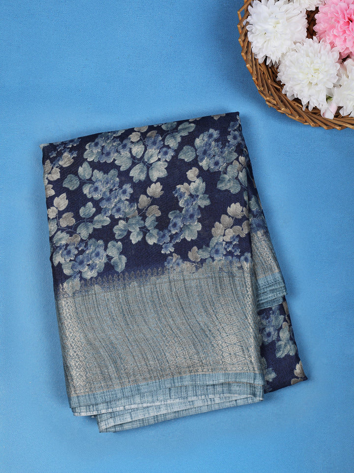 Dark Blue Floral Design Raw Silk Saree - Diadem