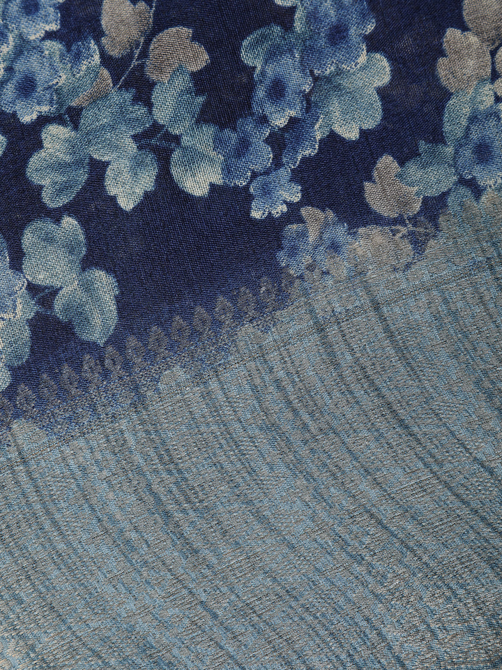 Dark Blue Floral Design Raw Silk Saree - Diadem