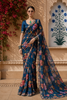 Dark Blue Floral Designed Satin Saree
