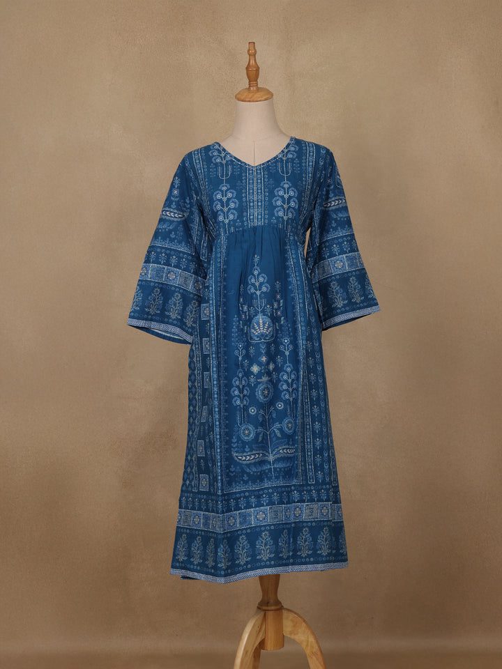 Dark Blue Floral Printed Cotton Kurti Top - Diadem