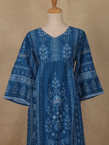 Dark Blue Floral Printed Cotton Kurti Top - Diadem