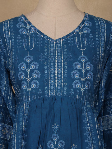 Dark Blue Floral Printed Cotton Kurti Top - Diadem