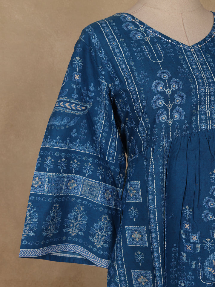 Dark Blue Floral Printed Cotton Kurti Top - Diadem
