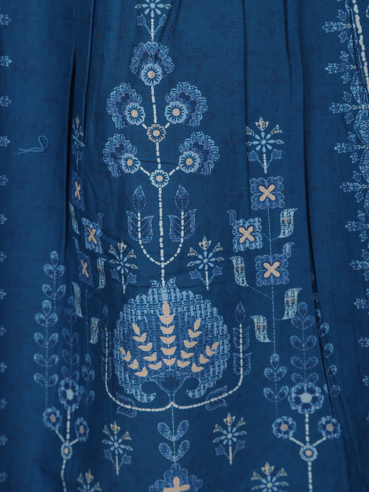 Dark Blue Floral Printed Cotton Kurti Top - Diadem