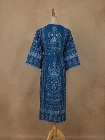 Dark Blue Floral Printed Cotton Kurti Top - Diadem