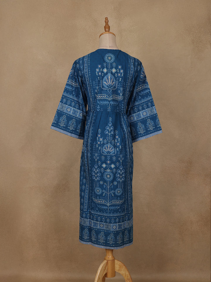 Dark Blue Floral Printed Cotton Kurti Top - Diadem