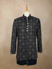 Dark Blue Geometric Thread Embroidered Design Velvet Indo-Western Sherwani Set