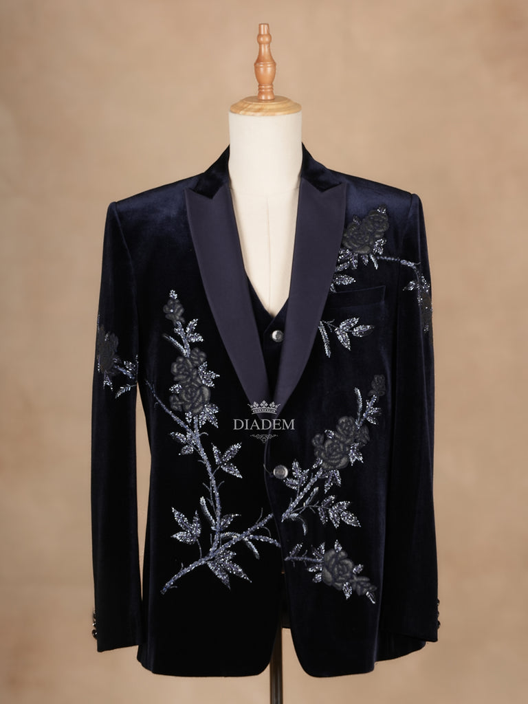 Dark Blue Coat Suit Set with Floral Embroidery