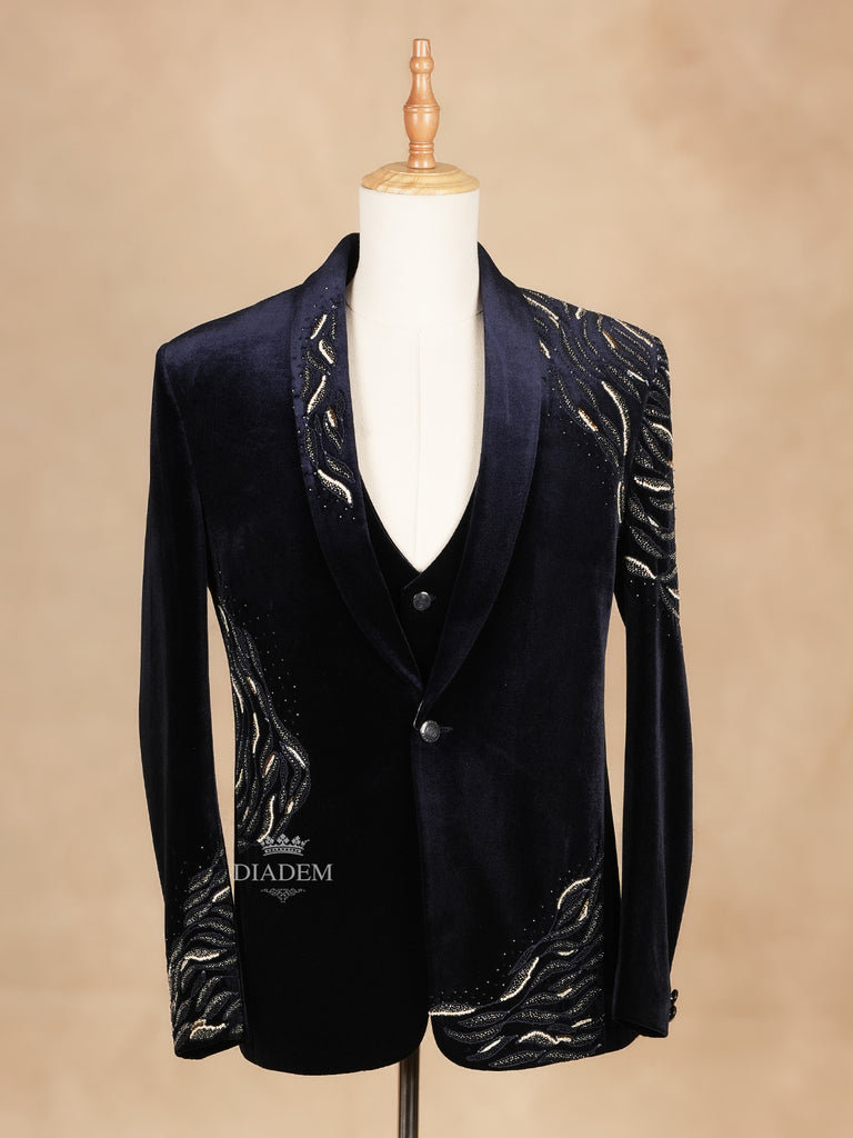 Dark Blue Coat Suit Set with Embroidery Designs
