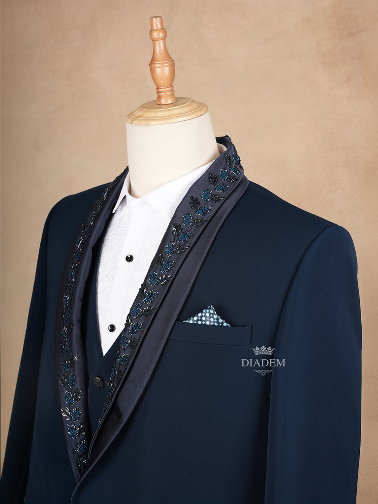 Dark Blue Coat Suit Set with Floral Embroidery Designs and Pocket Square