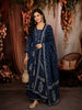 Dark Blue Traditional Floral and Mirror Embroidered Design Cotton Palazzo Suit with Matching Dupatta