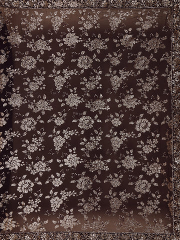Dark Brown Floral Sequins Embroidered Georgette Saree - Diadem
