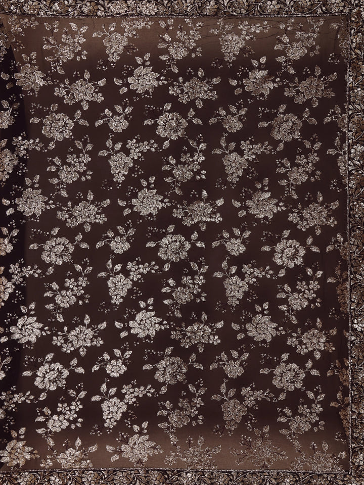 Dark Brown Floral Sequins Embroidered Georgette Saree - Diadem