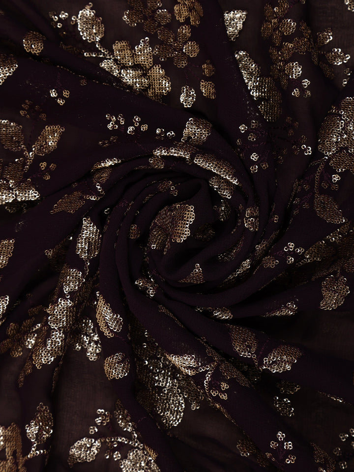 Dark Brown Floral Sequins Embroidered Georgette Saree - Diadem