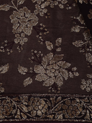 Dark Brown Floral Sequins Embroidered Georgette Saree - Diadem