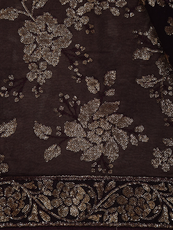 Dark Brown Floral Sequins Embroidered Georgette Saree - Diadem