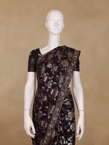 Dark Brown Floral Sequins Embroidered Georgette Saree - Diadem
