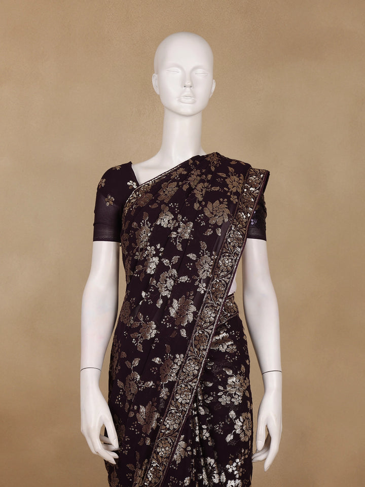 Dark Brown Floral Sequins Embroidered Georgette Saree - Diadem