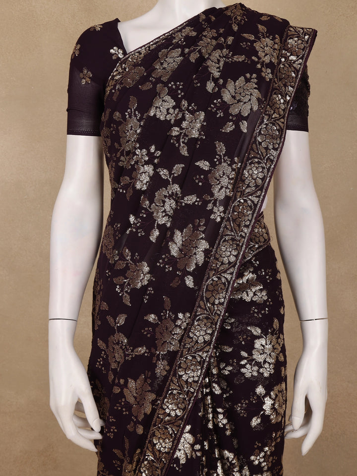 Dark Brown Floral Sequins Embroidered Georgette Saree - Diadem