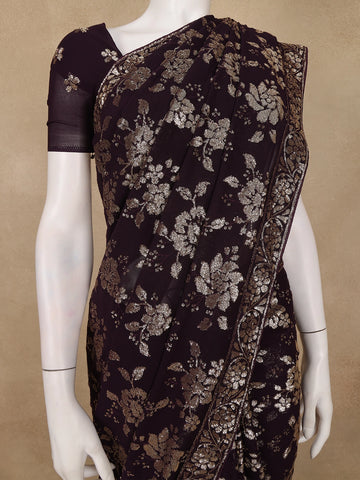 Dark Brown Floral Sequins Embroidered Georgette Saree - Diadem
