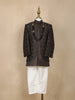 Dark Brown Geometric Embroidered Semi Silk Kids Sherwani Set with White Pants