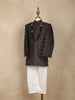 Dark Brown Geometric Embroidered Semi Silk Kids Sherwani Set with White Pants