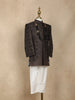 Dark Brown Geometric Embroidered Semi Silk Kids Sherwani Set with White Pants