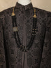 Dark Brown Geometric Embroidered Semi Silk Kids Sherwani Set with White Pants