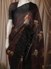 Dark Coffee Brown Floral Printed Design Pure Tussar Silk Fancy Saree with Contrast Border