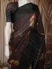 Dark Coffee Brown Floral Printed Design Pure Tussar Silk Fancy Saree with Contrast Border