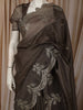 Dark Coffee Brown Floral Zari Embroidered Design Pure Tussar Saree with Scalloped Border