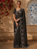 Dark Coffee Brown Floral Zari Embroidered Design Pure Tussar Saree with Scalloped Border