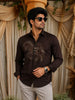 Dark Coffee Brown Horse Motif Stone Embellished Design Pure Cotton Party Wear Full Sleeve Men Sahirt