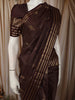 Dark Coffee Brown Mini Checked and Peacock Zari Woven Design Pure Kanchipuram Silk Saree with Floral Zari Border