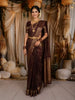 Dark Coffee Brown Mini Checked and Peacock Zari Woven Design Pure Kanchipuram Silk Saree with Floral Zari Border