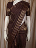 Dark Coffee Brown Mini Checked and Peacock Zari Woven Design Pure Kanchipuram Silk Saree with Floral Zari Border
