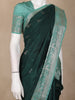 Dark Green Birds Woven Raw Silk Saree with Contrast Mint Green Zari Border