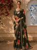 Dark Green Bold Floral Printed Design Chiffon Fancy Saree with Designer Border