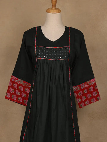 Dark Green Cotton Palazzo Suit With Mirror Work - Diadem
