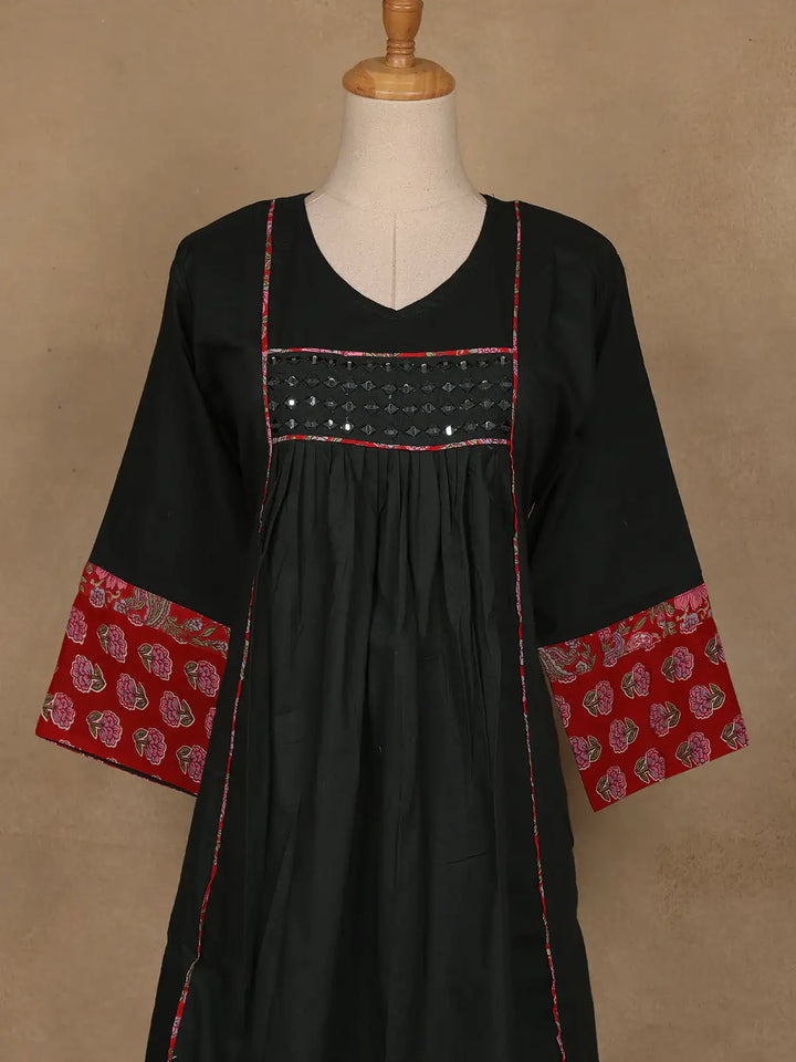 Dark Green Cotton Palazzo Suit With Mirror Work - Diadem