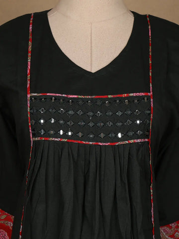 Dark Green Cotton Palazzo Suit With Mirror Work - Diadem