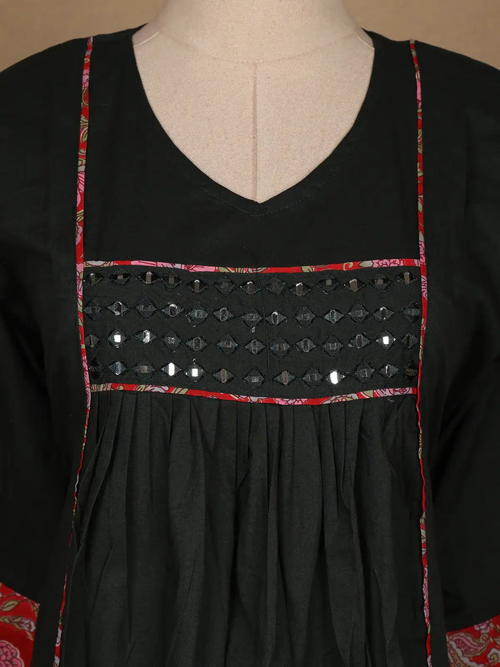 Dark Green Cotton Palazzo Suit With Mirror Work - Diadem