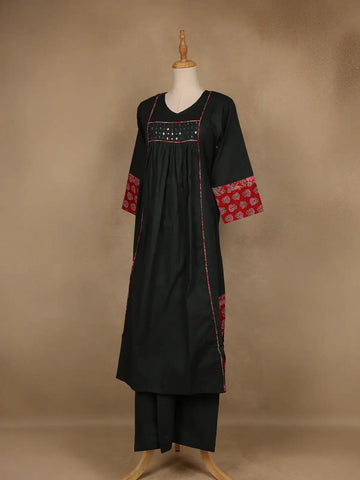 Dark Green Cotton Palazzo Suit With Mirror Work - Diadem