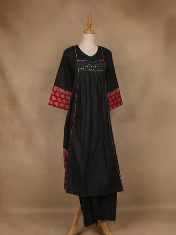 Dark Green Cotton Palazzo Suit With Mirror Work - Diadem