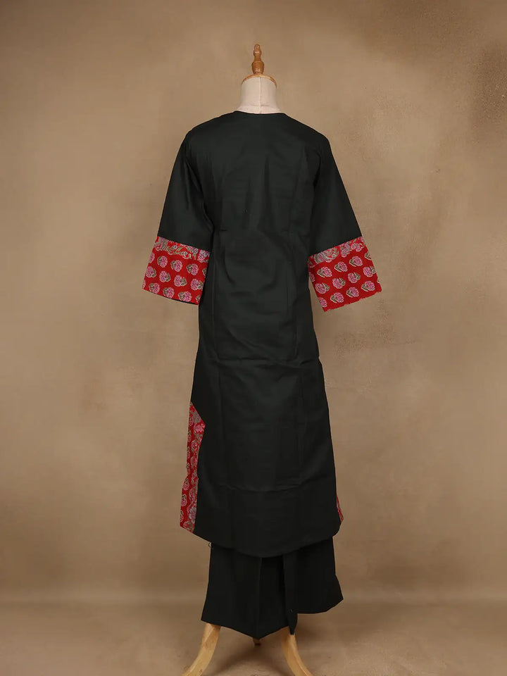 Dark Green Cotton Palazzo Suit With Mirror Work - Diadem