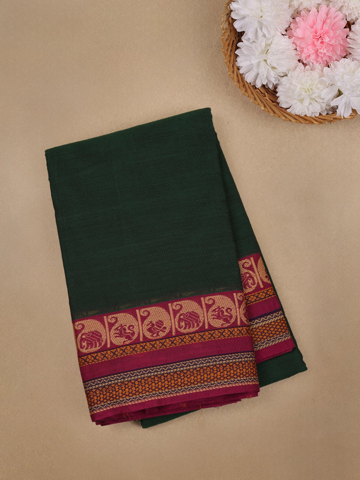 Dark Green Cotton Saree with Maroon Paisley Motif Border - Diadem