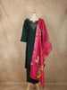 Dark Green Floral Beads Embroidered Design Cotton Straight Cut Salwar Suit with Contrast Dupatta