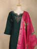 Dark Green Floral Beads Embroidered Design Cotton Straight Cut Salwar Suit with Contrast Dupatta