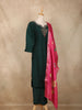 Dark Green Floral Beads Embroidered Design Cotton Straight Cut Salwar Suit with Contrast Dupatta