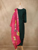 Dark Green Floral Beads Embroidered Design Cotton Straight Cut Salwar Suit with Contrast Dupatta